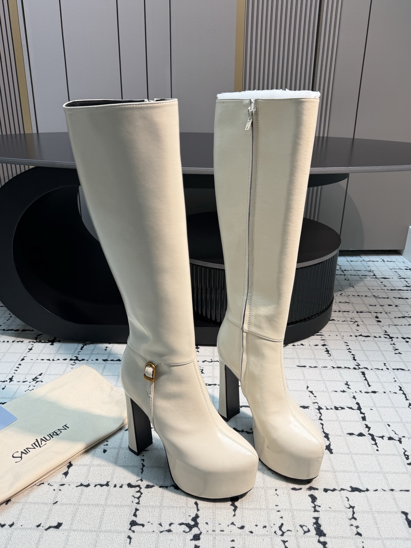 Saint Laurent White Buckle Platform Tall Boots