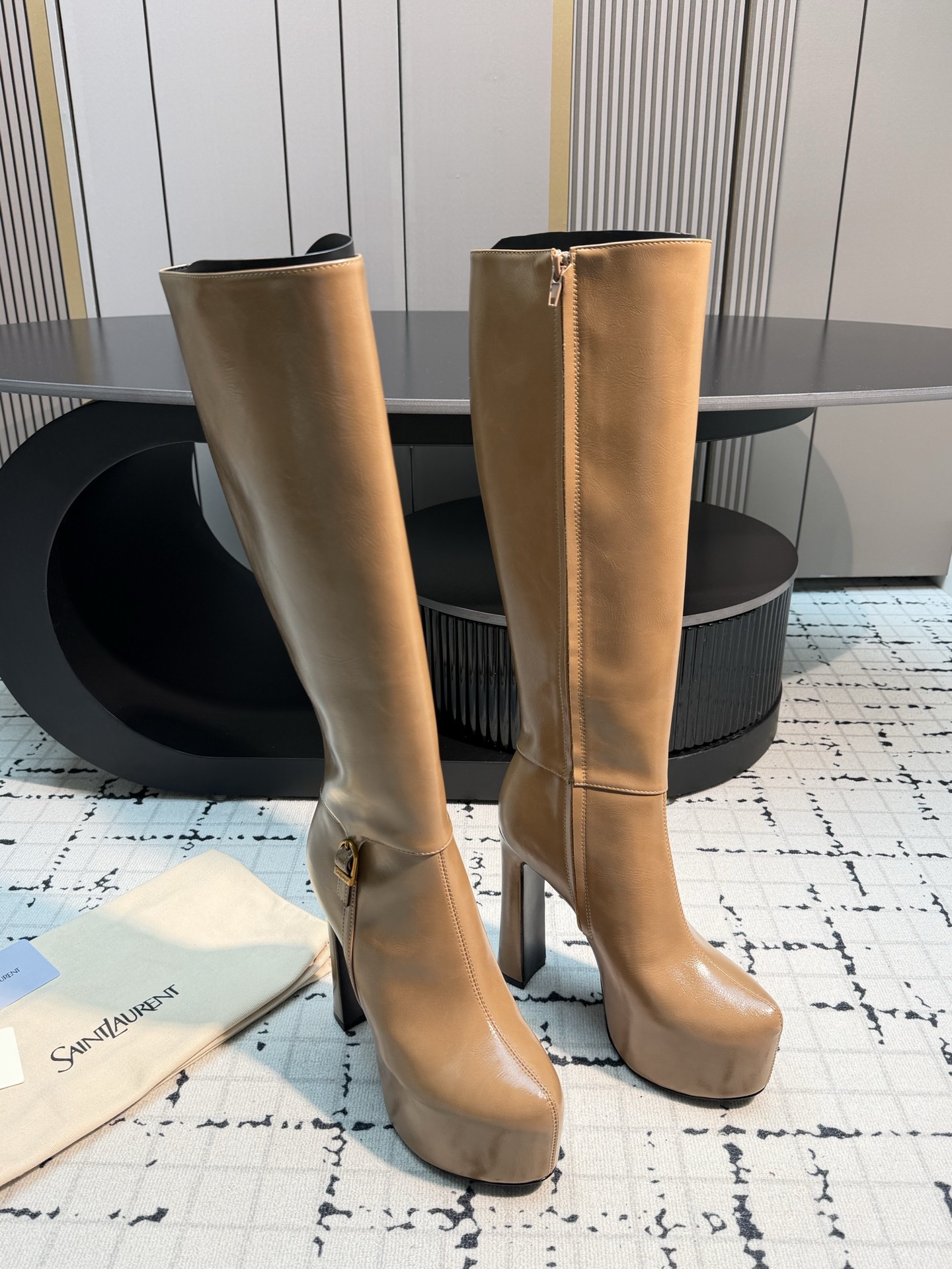 Saint Laurent Tan Buckle Platform Tall Boots