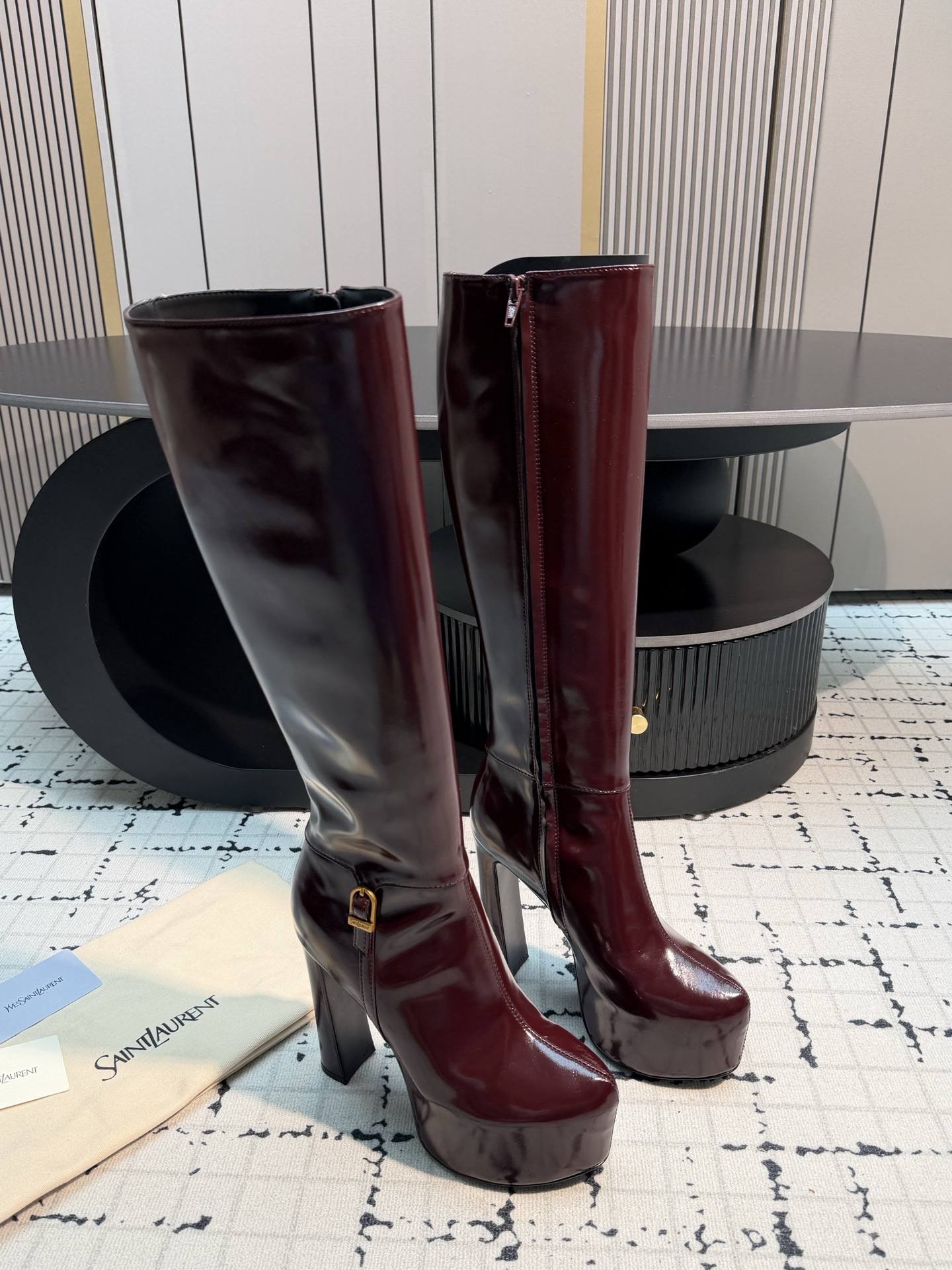 Saint Laurent Burgundy Platform Knee High Boots
