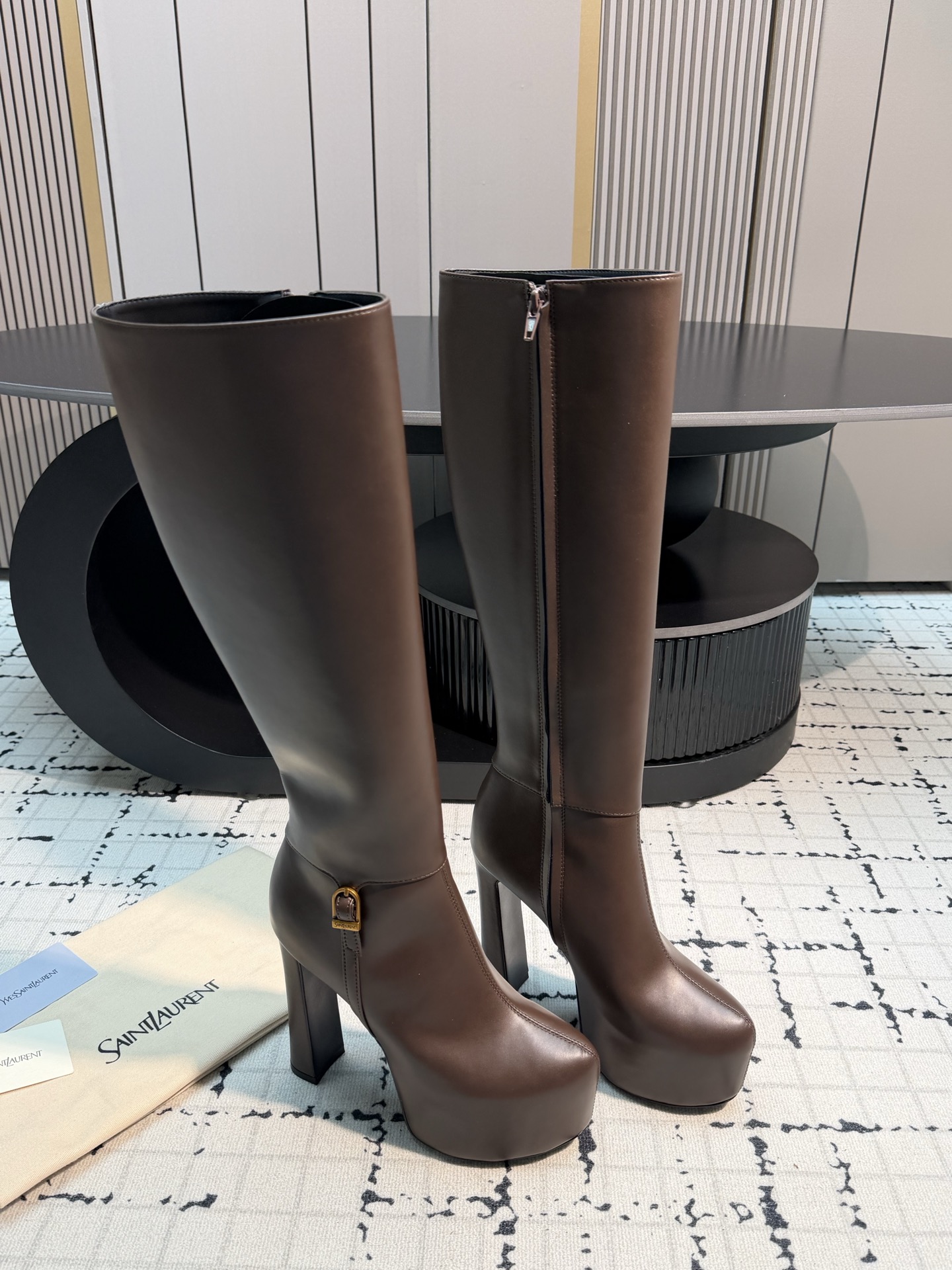 Saint Laurent Brown Platform Knee High Boots