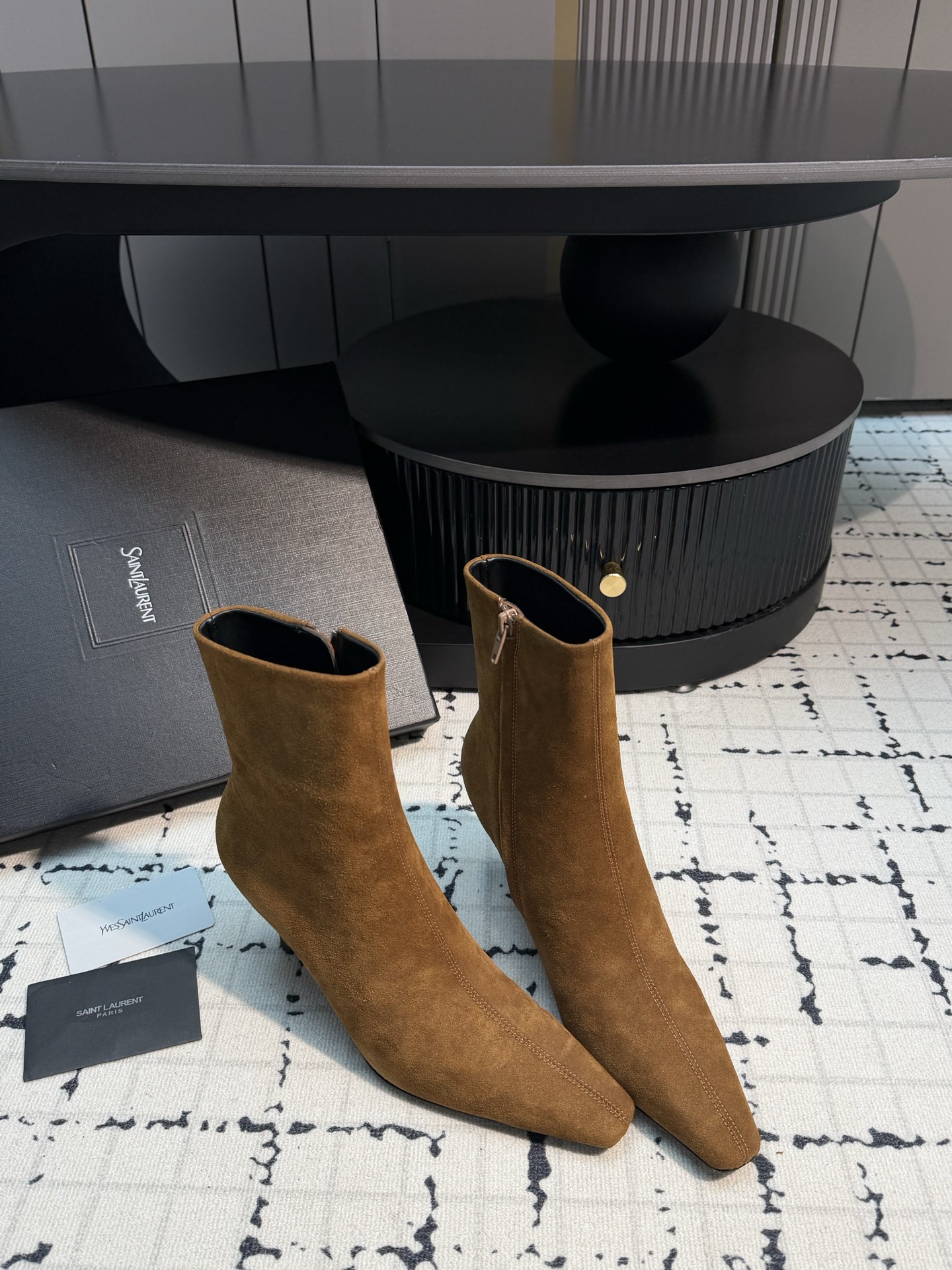 Saint Laurent Tan Textured Pointed Ankle Boots