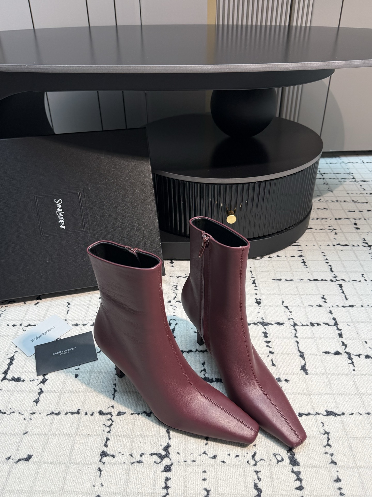 Saint Laurent Burgundy Pointed Ankle Boots