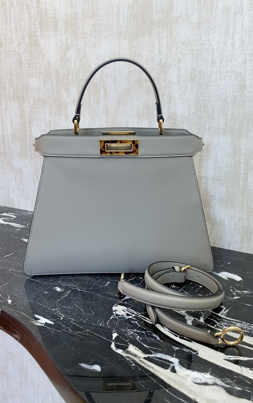 Fendi , large size 33cm, dove gray tortoise shell amber gold