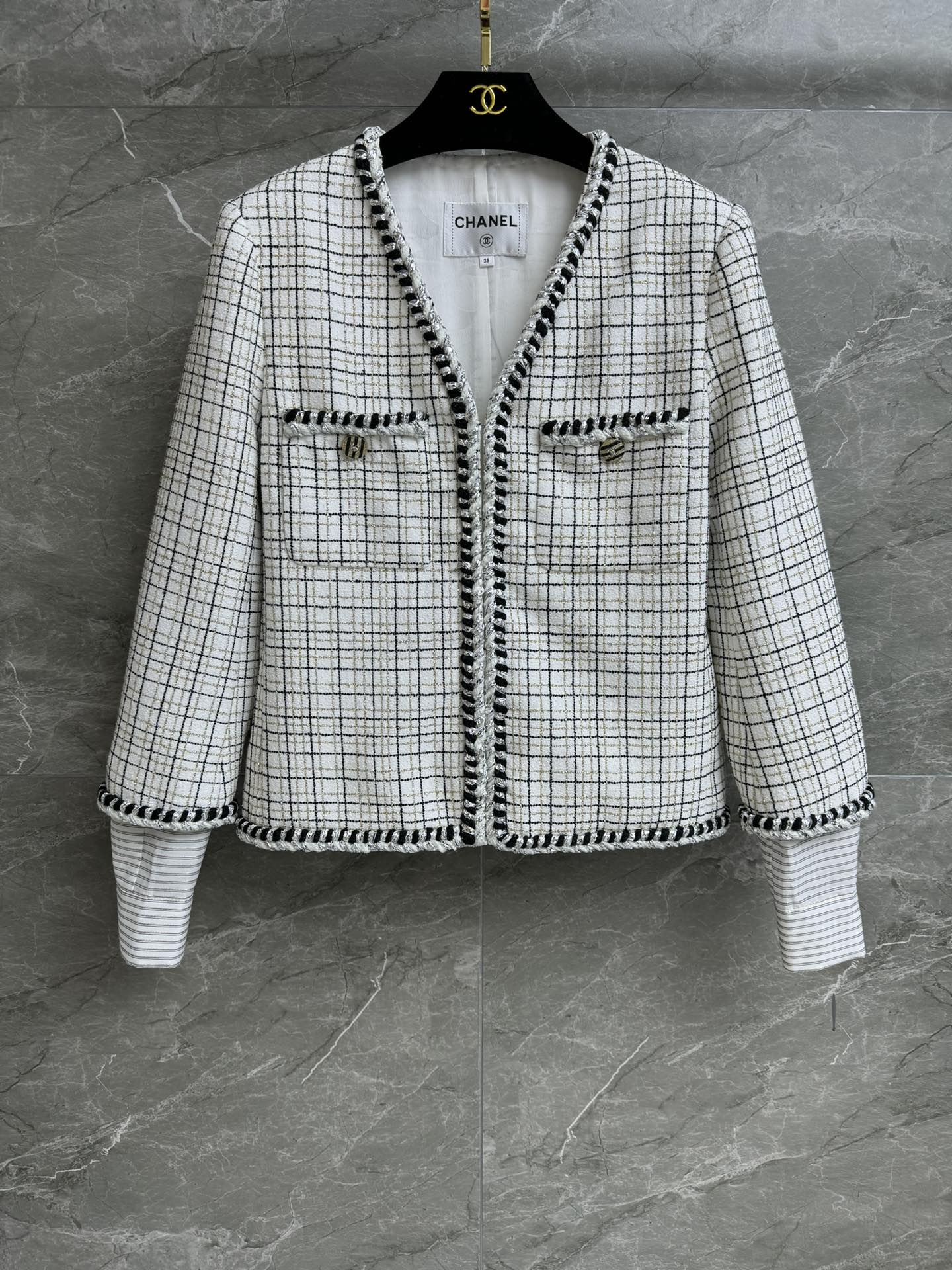 Chanel Clothing Coats & Jackets Black White Weave Damier Azur Silk Spring Collection SML535750
