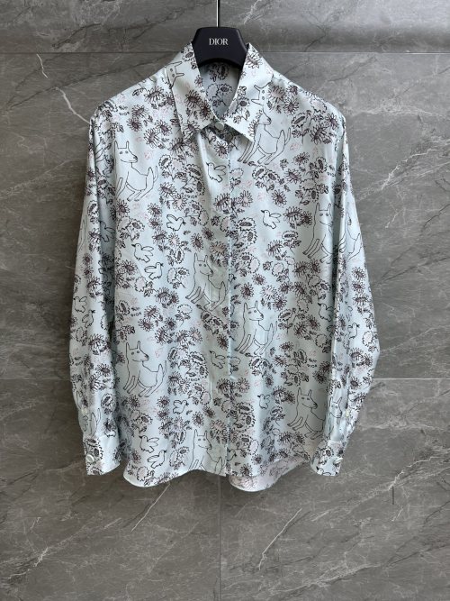 D* Silk Shirt with Puppy & Floral Print, Short Sleeve, Unisex 1 D* Silk Shirt with Puppy & Floral Print, Short Sleeve, Unisex