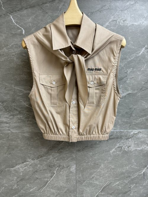 Miu Miu Sleeveless Scarf Shirt - Embroidered Cotton Poplin Top 1 Miu Miu Sleeveless Scarf Shirt - Embroidered Cotton Poplin Top