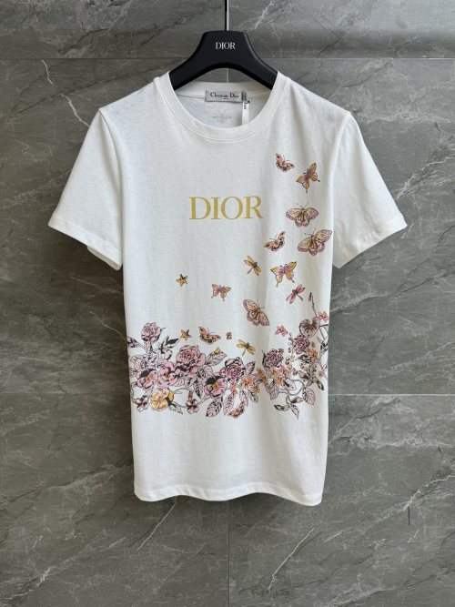 Dior Women's White Cotton T-Shirt with Butterfly and Floral Print 1 Dior Women's White Cotton T-Shirt with Butterfly and Floral Print