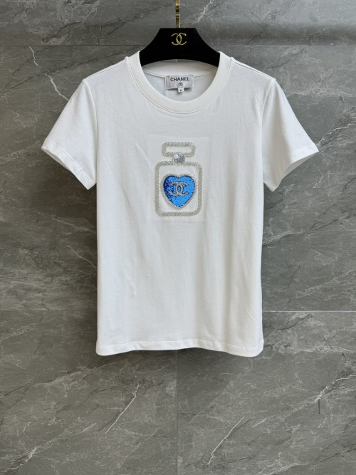 Chanel Women's White Cotton T-Shirt with Perfume Bottle Embroidery 1 Chanel Women's White Cotton T-Shirt with Perfume Bottle Embroidery