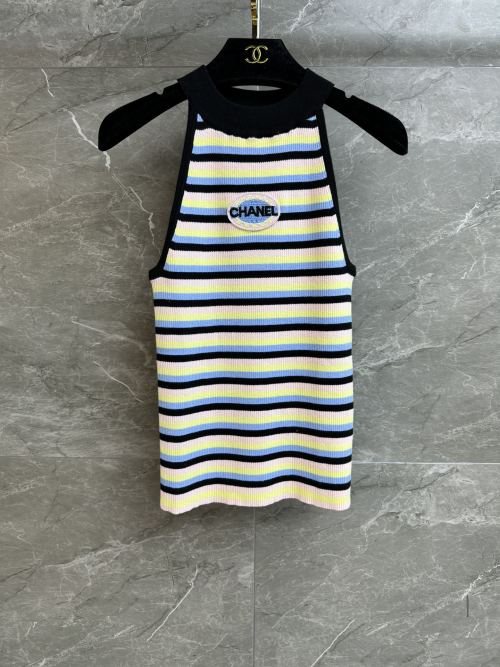 Chanel 2025 Summer Striped Knit Tank Top with Logo - Slim Fit & Chic 1 Chanel 2025 Summer Striped Knit Tank Top with Logo - Slim Fit & Chic