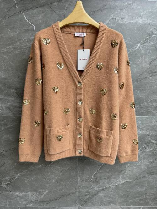 Valentino Wool Knit Cardigan with Sequin Heart Embroidery, V-Neck, Slim Fit 1 Valentino Wool Knit Cardigan with Sequin Heart Embroidery, V-Neck, Slim Fit