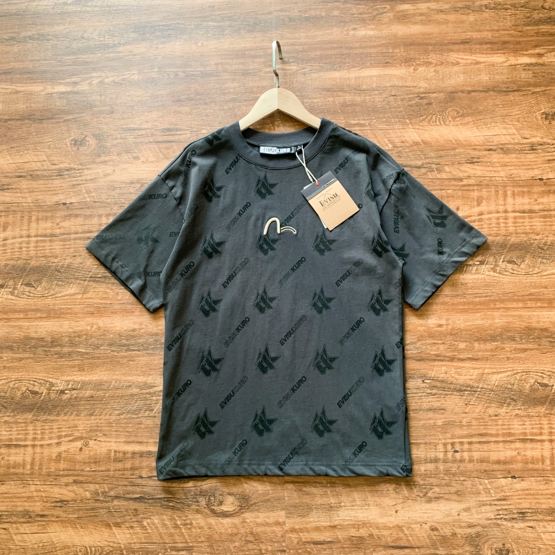 EVISUKURO Fushin gris carbón 25ss nuevo verano, camiseta de cuello redondo con mangas cortas, logotipo completo bordado…