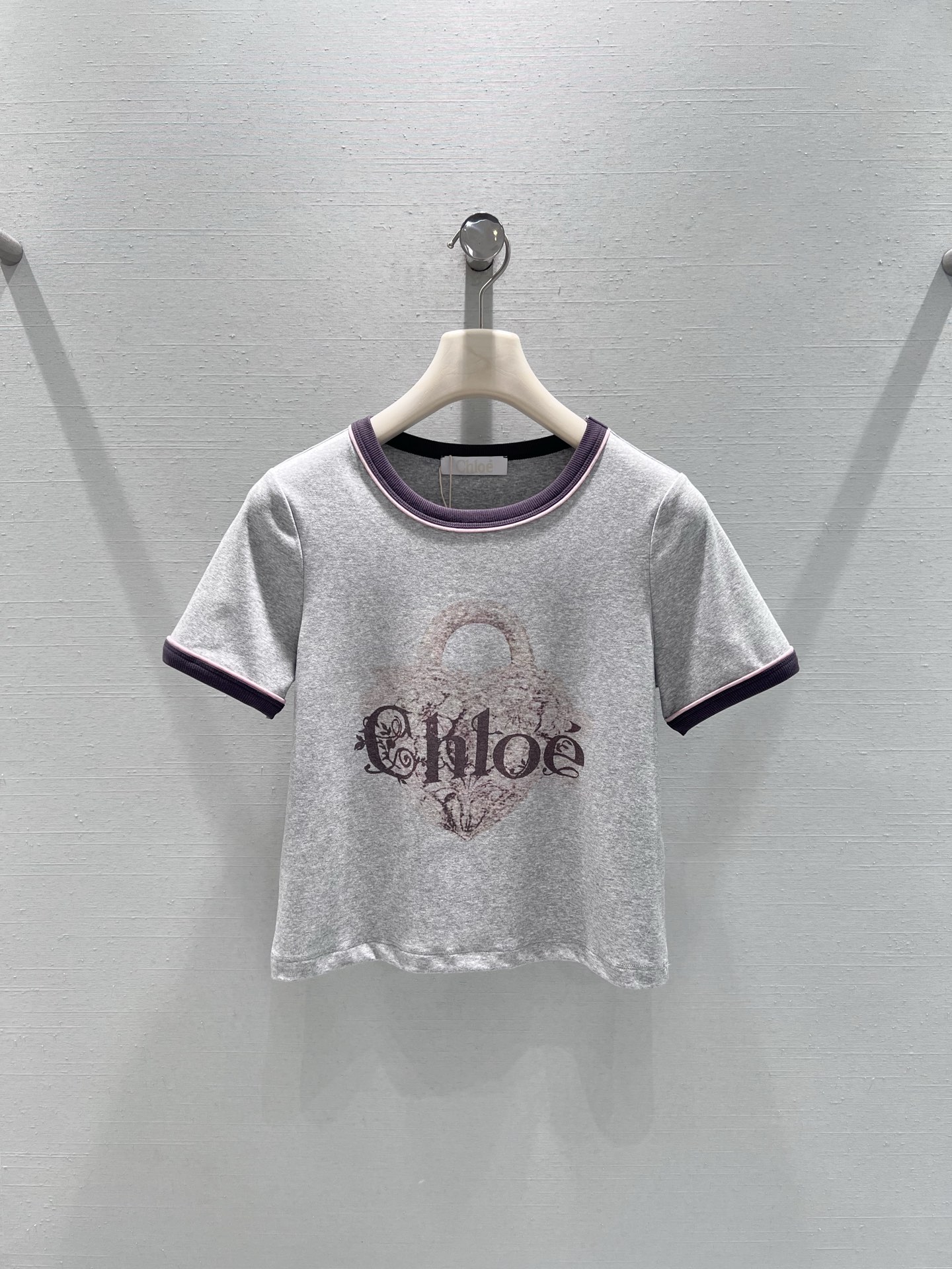 NO:656319,Supports exchange Chl*0é26SS early spring new product series // Letter printed short-sleeved T-shirt made of light gray knitted cotton fabric, soft and skin-friendly, breathable and comfortable upper body, very suitable for spring and summer. Classic round neck + contrasting color hemming design, simple with exquisite details, short  The sleeves are neat and not sloppy, and the Chlo letter print on the chest is decorated with retro tones, giving it a French elegant atmosphere. SML real shot details, chloe, T-shirt, tees, t-shirt, alexander  wang19860909支持换款Chl*0é26SS早春新品系列//字母印花短袖T恤浅灰色针织棉面料,触感柔软亲肤,上身透气舒适,很适合春夏季节.经典圆领+撞色包边设计,简约中带着精致细节,短袖版型利落不拖沓,胸前的Chlo字母印花,采用复古色调点缀,自带法式优雅氛围.SML实拍细节,,chloe,T-shirt,tees，t-shirt,alexander wang,Women's clothing