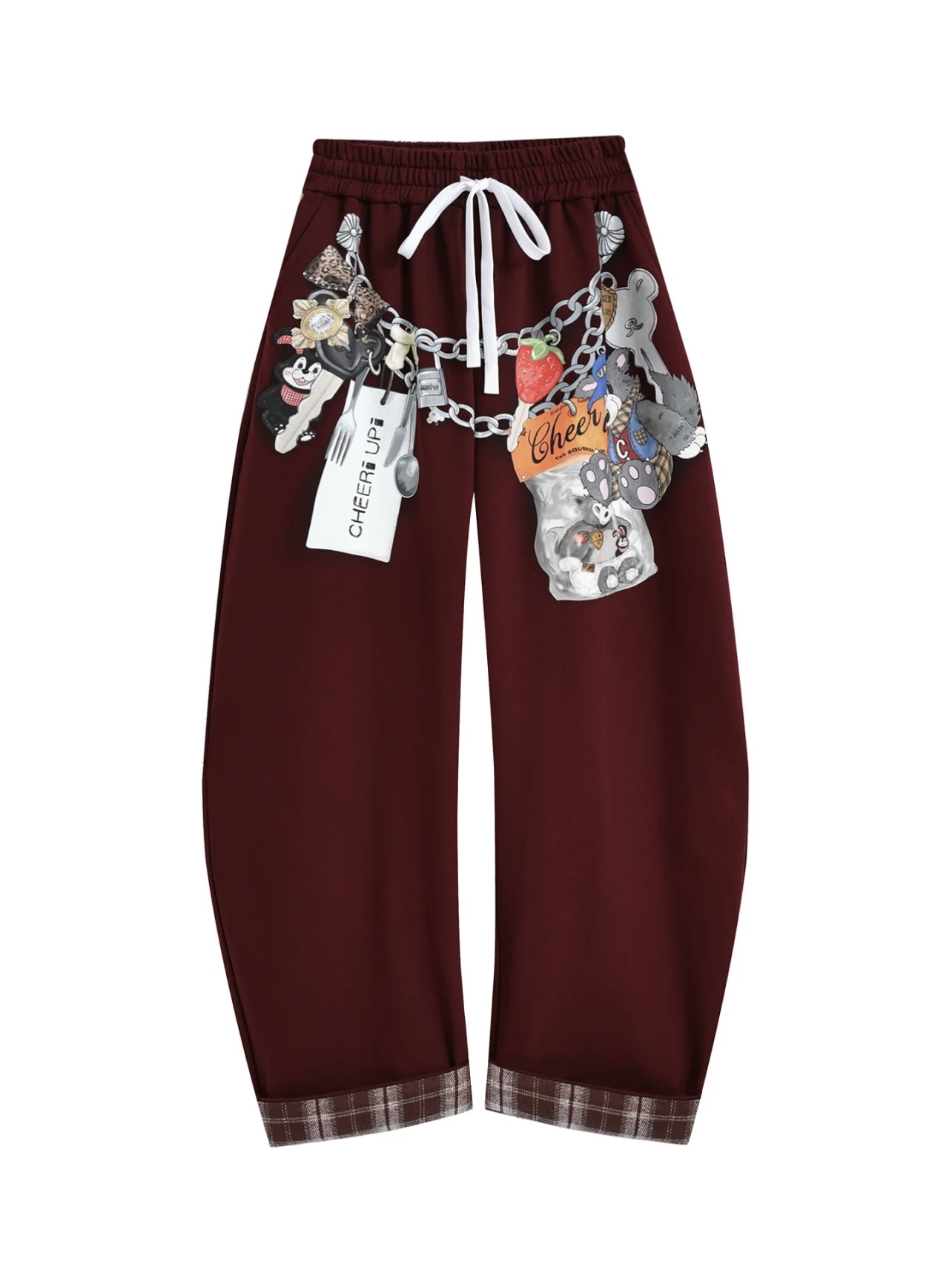 NO:697402,CHEER*UPi*26SS New Early Spring Series // Three-dimensional decorative wide-leg sweatpants with a rich burgundy color that brings a retro and high-end feel; the pants are decorated with three-dimensional cartoon patterns, chains, pendants and other elements, creating a strong street trend style. The loose wide-leg version has a good drape, which can accommodate the fat on the legs and has a more casual aura when walking. SML,,19860909CHEER*UPi*26SS早春新款系列//立体装饰阔腿卫裤浓郁的酒红色调自带复古与高级感；裤身装饰立体的卡通图案、链条、挂件等元素,打造出强烈的街头潮流风格,宽松的阔腿版型,裤管垂坠感佳,能包容腿部赘肉,行走间更具随性气场.SML,,,Women's clothing