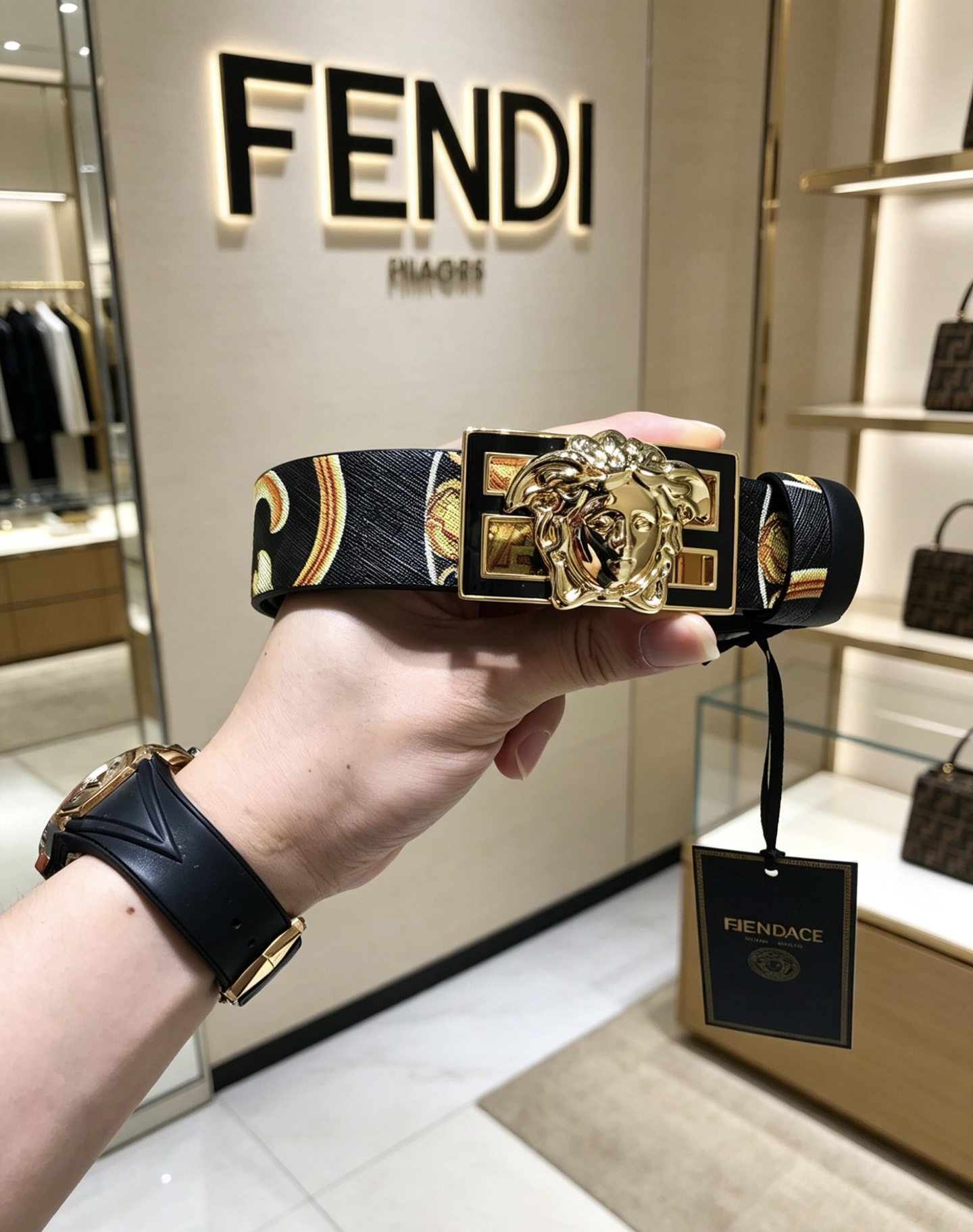 NO:764141,Delivery counter packaging, punching needle, new FD width 35 MM, logo-shaped wide belt, co-branded nail buckle style beauty head buckle, Fanjia's original 3D printed flower pattern, printed with embossed secondary color FF pattern, supports NFC chip, gold-plated surface metal products, quality assurance, non-market currency!  ,belt,gold plating19860909配送专柜包装 打孔针 新款 FD 宽35 MM 标志造型宽皮带,联名钉扣式美人头扣,范家原版进3D打印花绘 印有浮雕间色FF 图案,支持NFC 芯片 ,镀金表面金属制品,品质保证,非市场通货！,皮带,gold plating,Belt