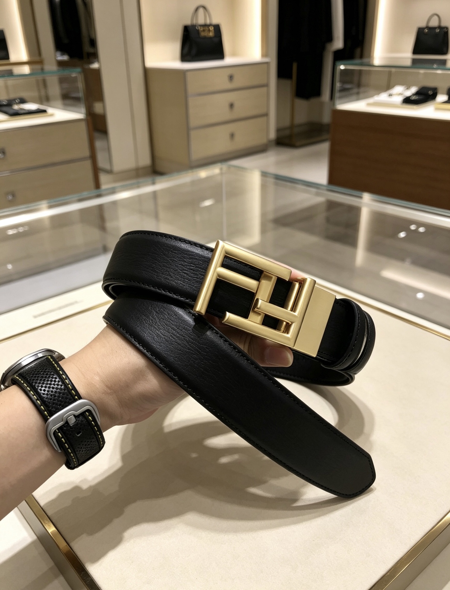 💯💯配送包装 打孔针 宽35MM  双面皮带双面精美小牛皮纹，标志性双F(發)重金属皮带扣，皮带为均码可