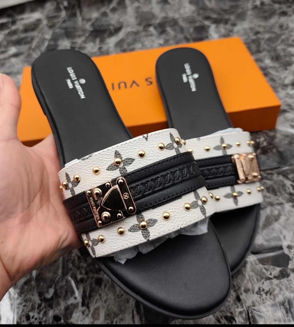 Louis Vuitton Lock It Flat Mules Sandal in Monogram Canvas with Gold Hardware 1 Louis Vuitton Lock It Flat Mules Sandal in Monogram Canvas with Gold Hardware