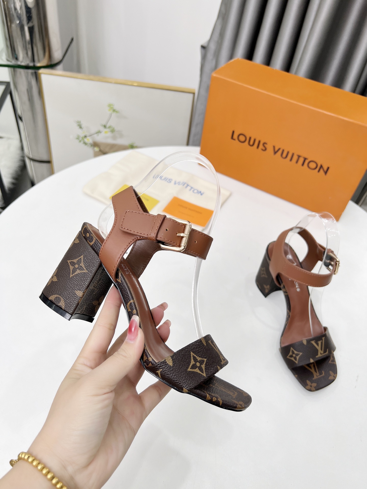 Louis Vuitton Monogram Ankle Strap Heeled Sandal in Brown Leather 5 i1741582774274 6931 0 5