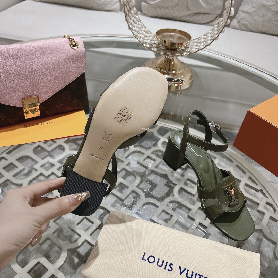 Louis Vuitton Women's Olive Green Leather Block Heel Sandals, Size 35-39 10 i1719118479 2102 3