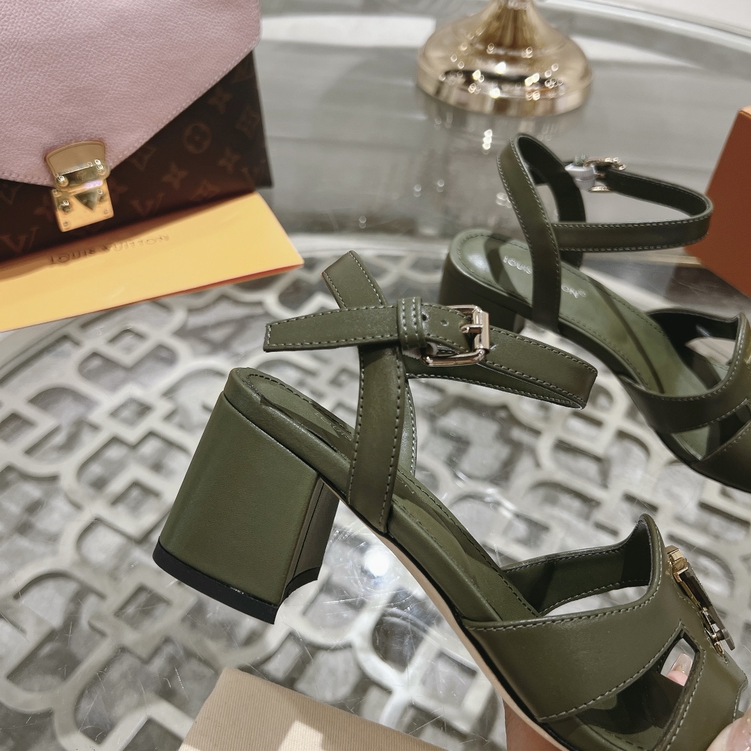 Louis Vuitton Women's Olive Green Leather Block Heel Sandals, Size 35-39 9 i1719118479 5740 5