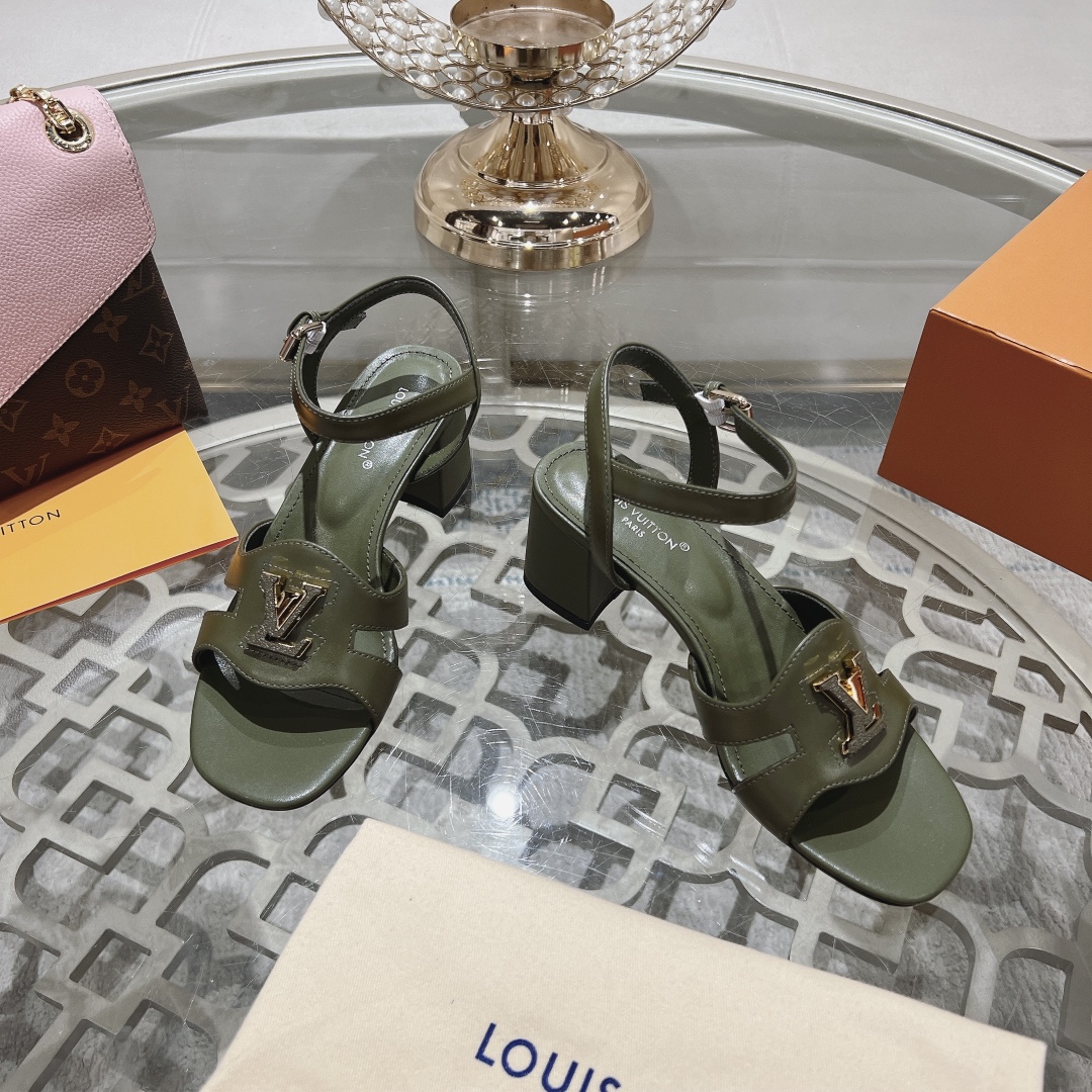 Louis Vuitton Women's Olive Green Leather Block Heel Sandals, Size 35-39 4 i1719118479 6983 2
