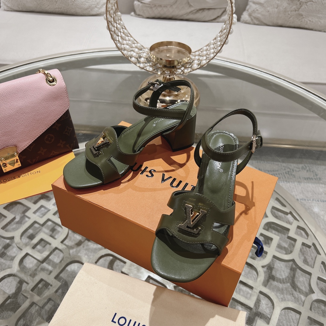 Louis Vuitton Women's Olive Green Leather Block Heel Sandals, Size 35-39 7 i1719118479 8047 7