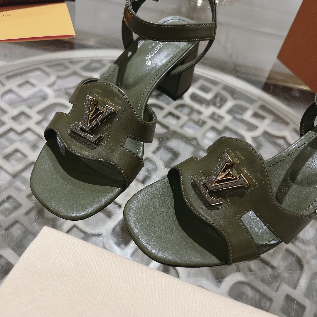Louis Vuitton Women's Olive Green Leather Block Heel Sandals, Size 35-39 8 i1719118479 9467 8