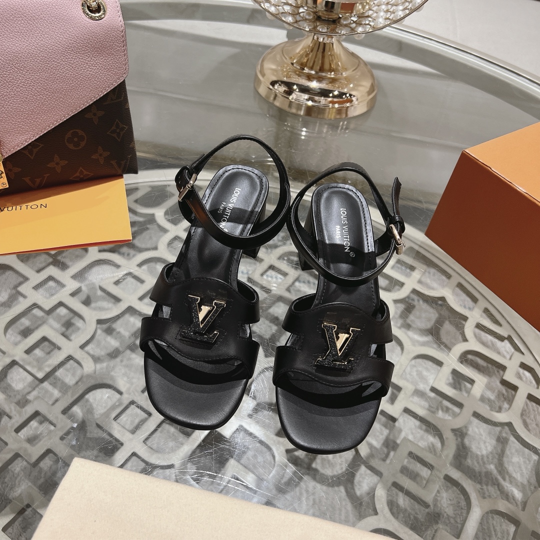 Louis Vuitton Women's Black Leather Block Heel Sandals with LV Logo Buckle 3 i1719118502 1180 5