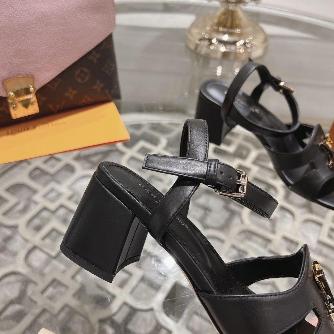 Louis Vuitton Women's Black Leather Block Heel Sandals with LV Logo Buckle 7 i1719118502 1916 4