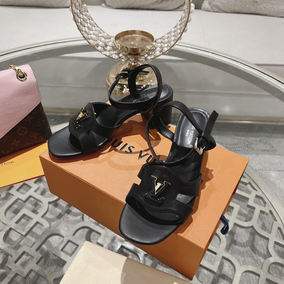 Louis Vuitton Women's Black Leather Block Heel Sandals with LV Logo Buckle 9 i1719118502 3618 7