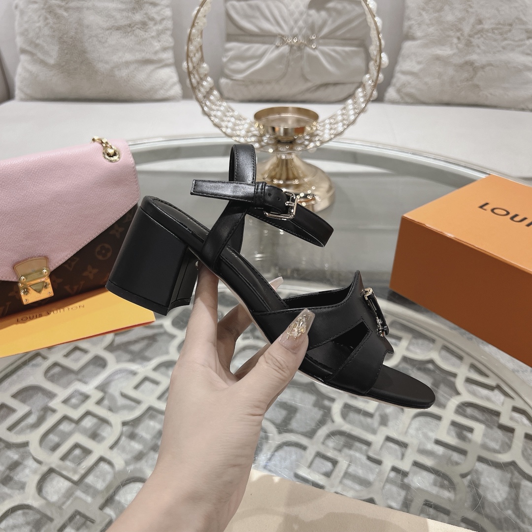 Louis Vuitton Women's Black Leather Block Heel Sandals with LV Logo Buckle 6 i1719118502 3763 6