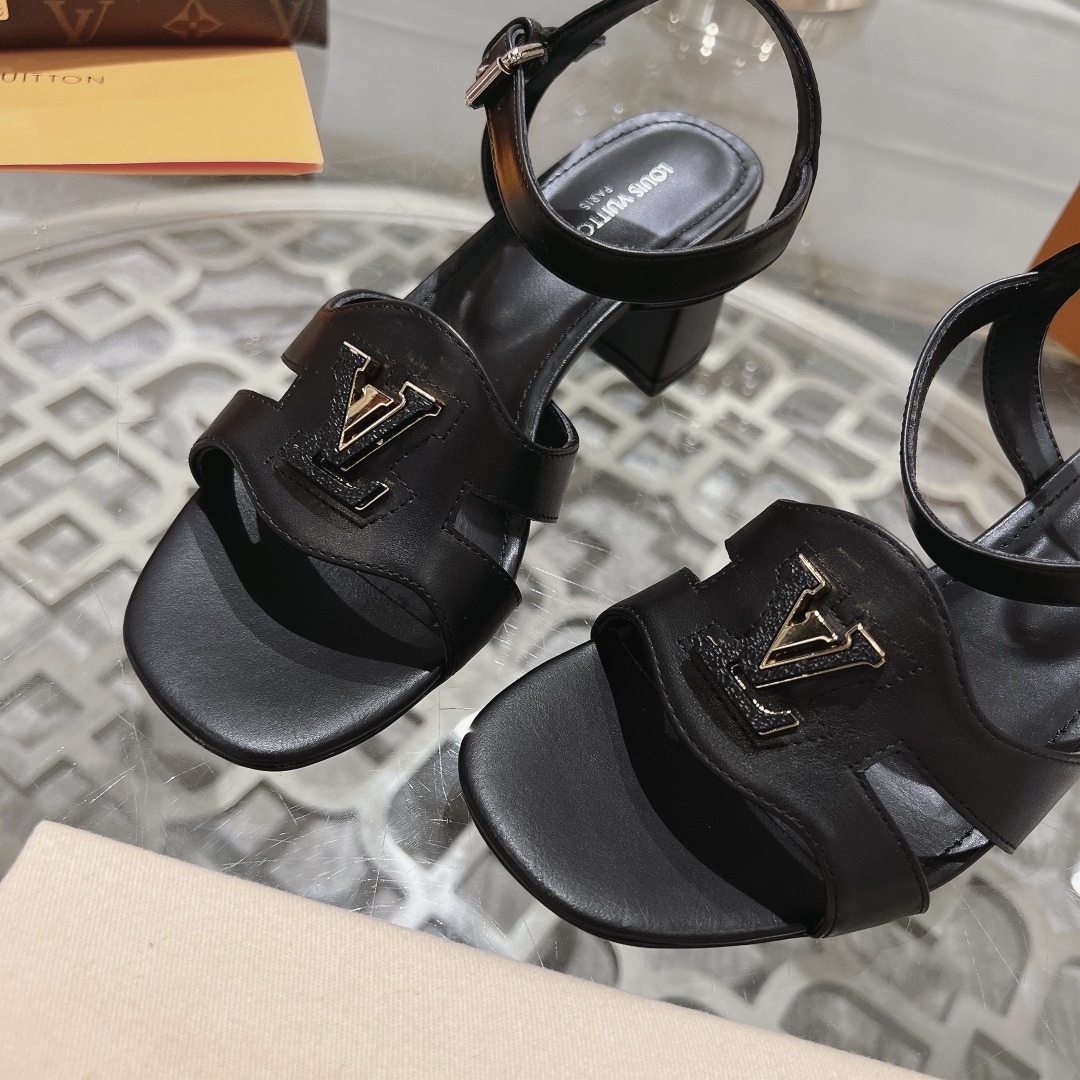 Louis Vuitton Women's Black Leather Block Heel Sandals with LV Logo Buckle 8 i1719118502 4448 2