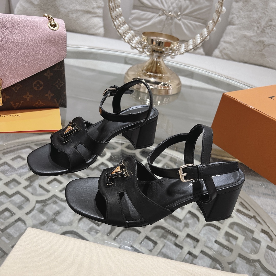 Louis Vuitton Women's Black Leather Block Heel Sandals with LV Logo Buckle 2 i1719118502 7800 3