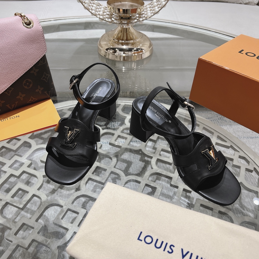 Louis Vuitton Women's Black Leather Block Heel Sandals with LV Logo Buckle 4 i1719118502 8016 0