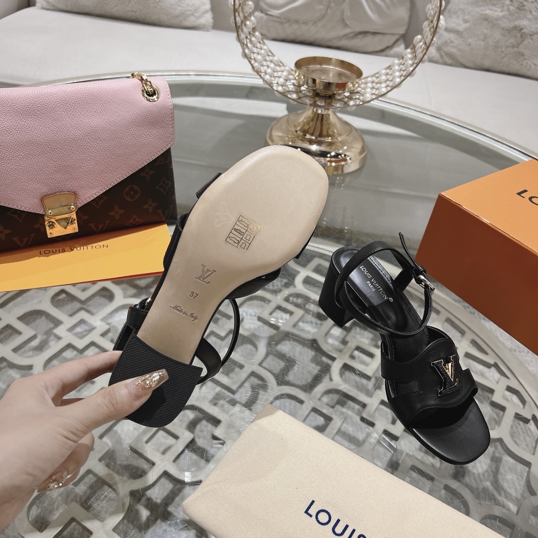 Louis Vuitton Women's Black Leather Block Heel Sandals with LV Logo Buckle 10 i1719118502 9535 8