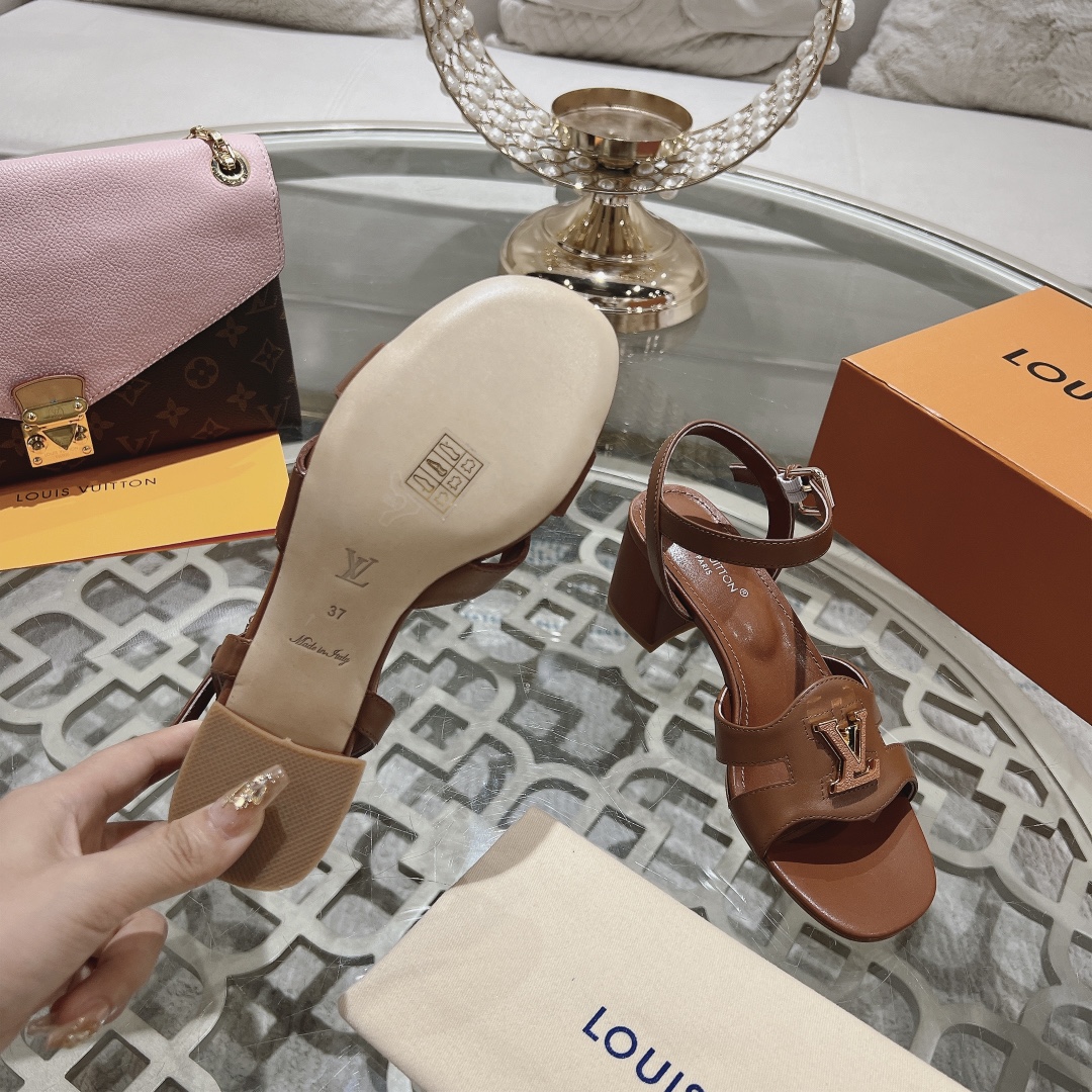 Louis Vuitton Women's Brown Leather Block Heel Sandals With Ankle Strap 10 i1719118558 2116 6