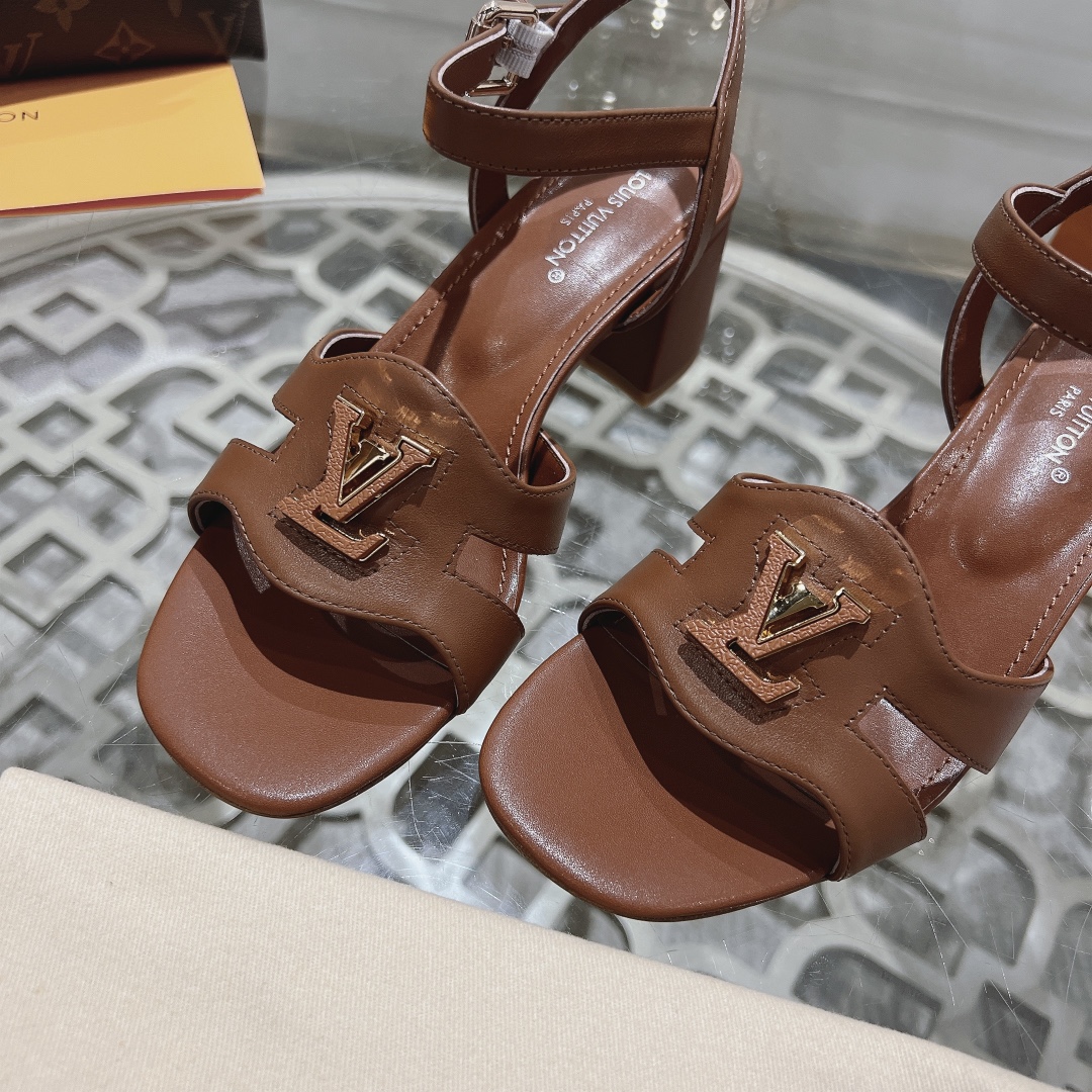 Louis Vuitton Women's Brown Leather Block Heel Sandals With Ankle Strap 8 i1719118558 351 1