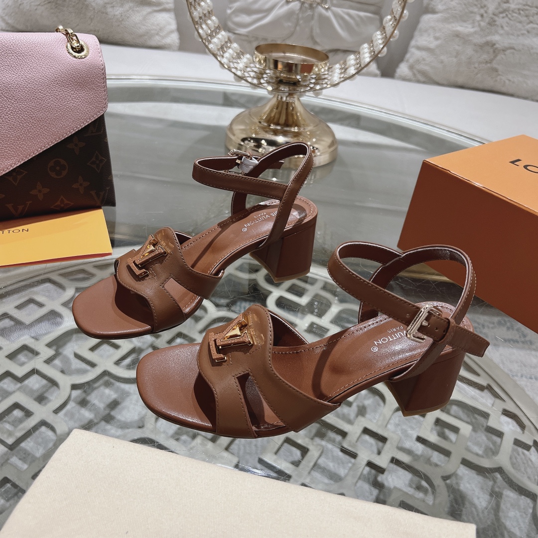 Louis Vuitton Women's Brown Leather Block Heel Sandals With Ankle Strap 2 i1719118558 5815 7