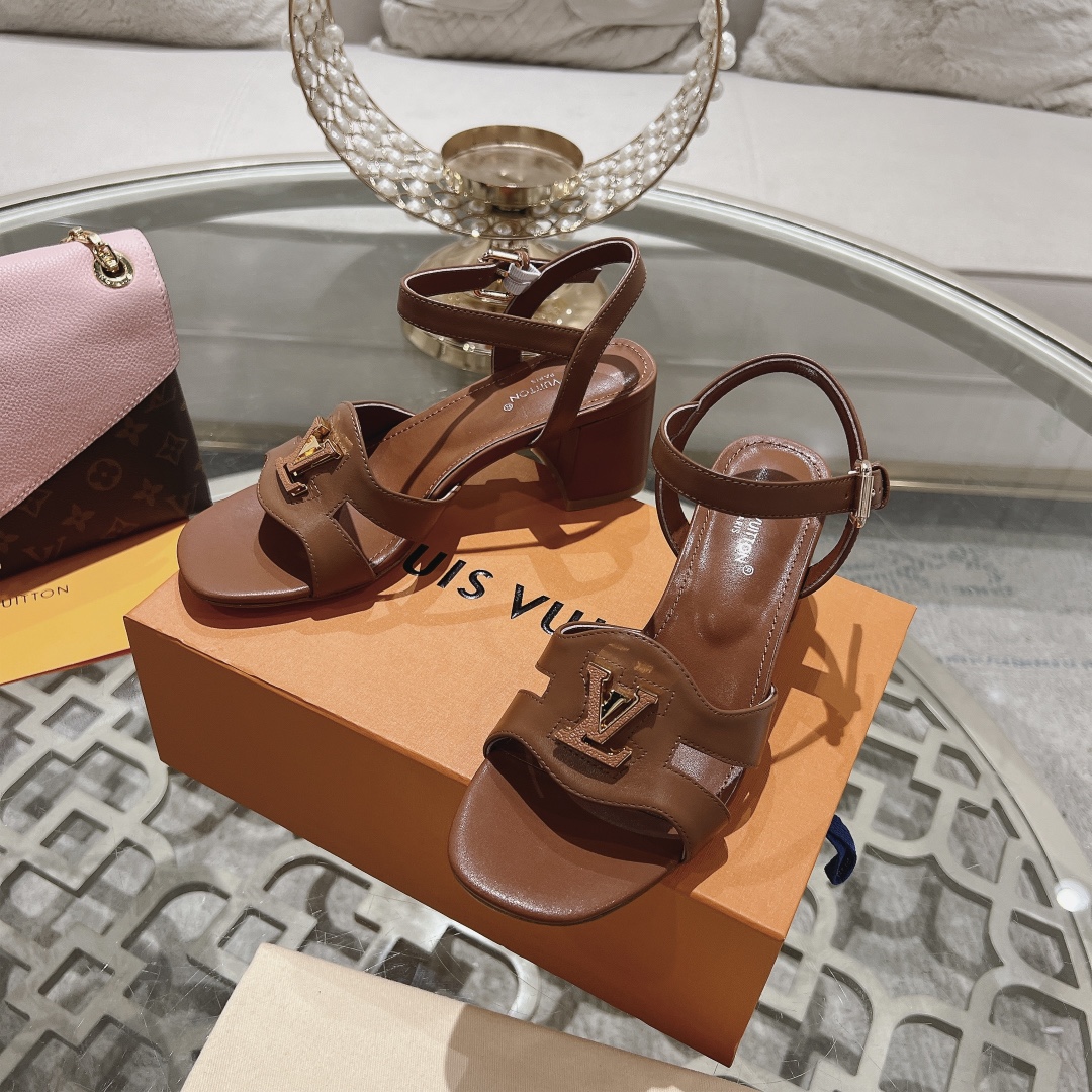 Louis Vuitton Women's Brown Leather Block Heel Sandals With Ankle Strap 7 i1719118558 9444 0