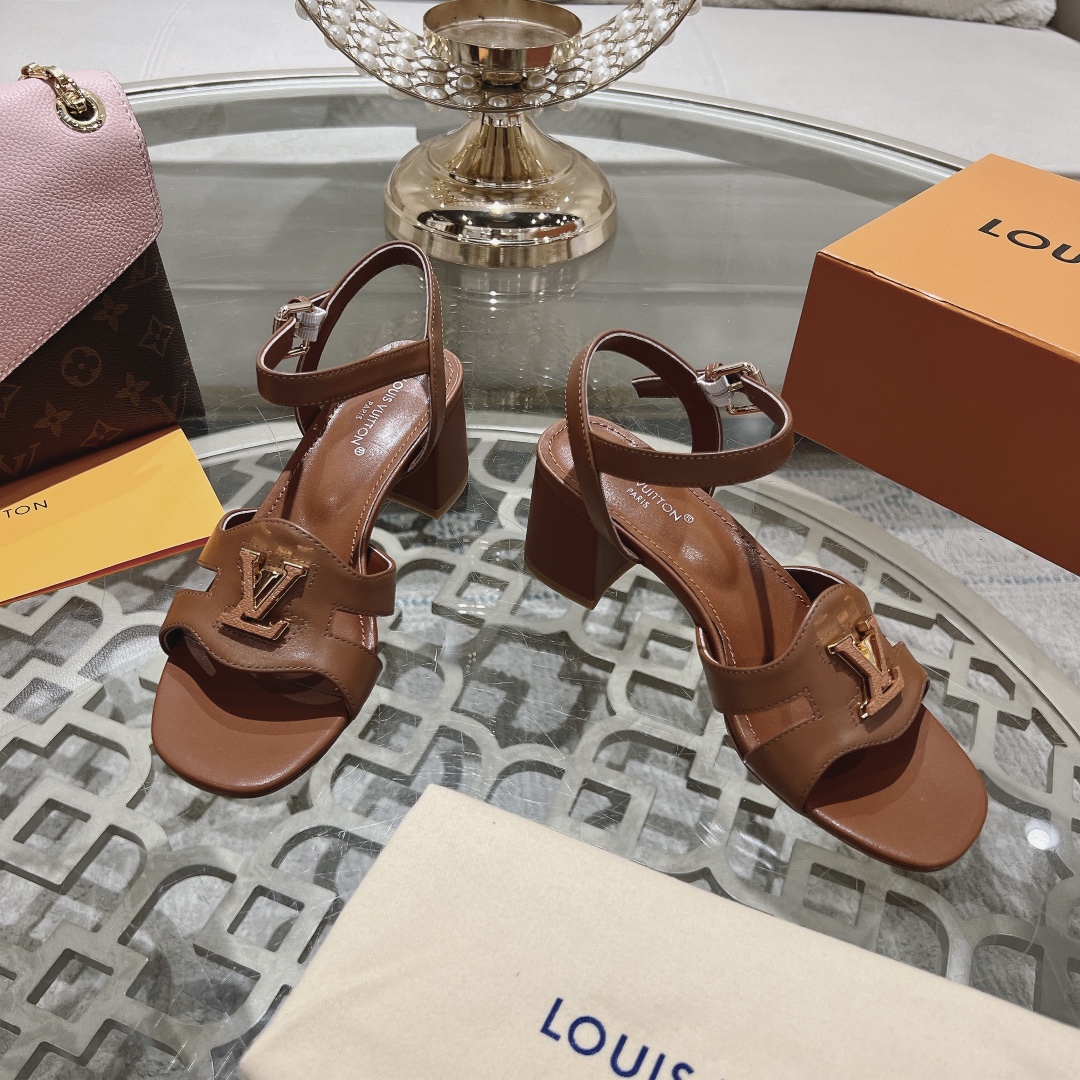 Louis Vuitton Women's Brown Leather Block Heel Sandals With Ankle Strap 4 i1719118558 9844 8