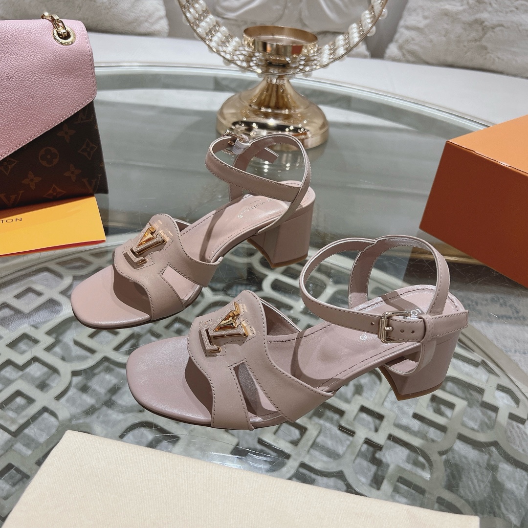 Louis Vuitton Women's Block Heel Sandals with Ankle Strap and LV Logo 1 Louis Vuitton Women's Block Heel Sandals with Ankle Strap and LV Logo