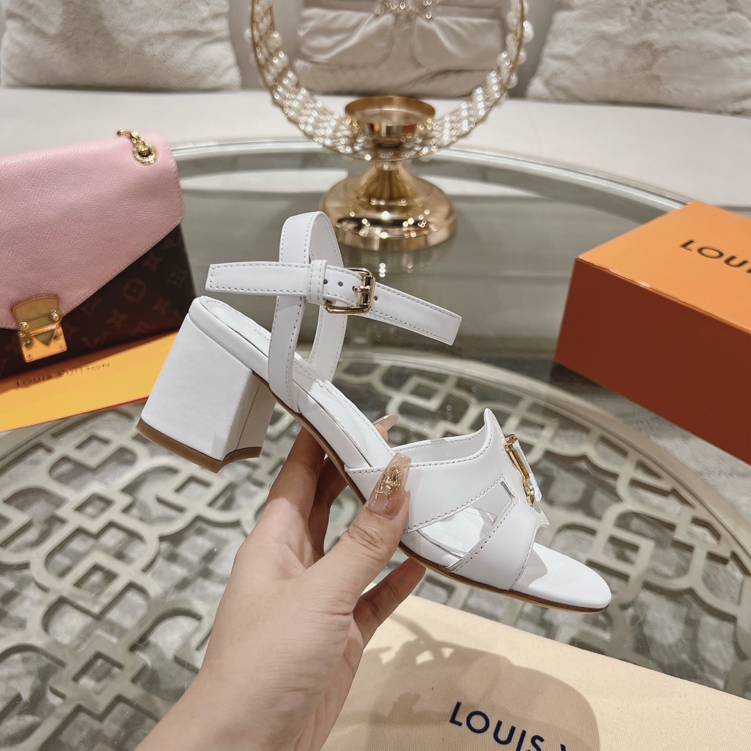 Louis Vuitton White Leather Block Heel Sandals with LV Logo Buckle 7 i1719118643 3629 7