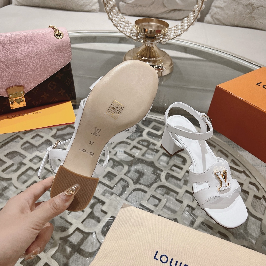 Louis Vuitton White Leather Block Heel Sandals with LV Logo Buckle 10 i1719118643 4726 8