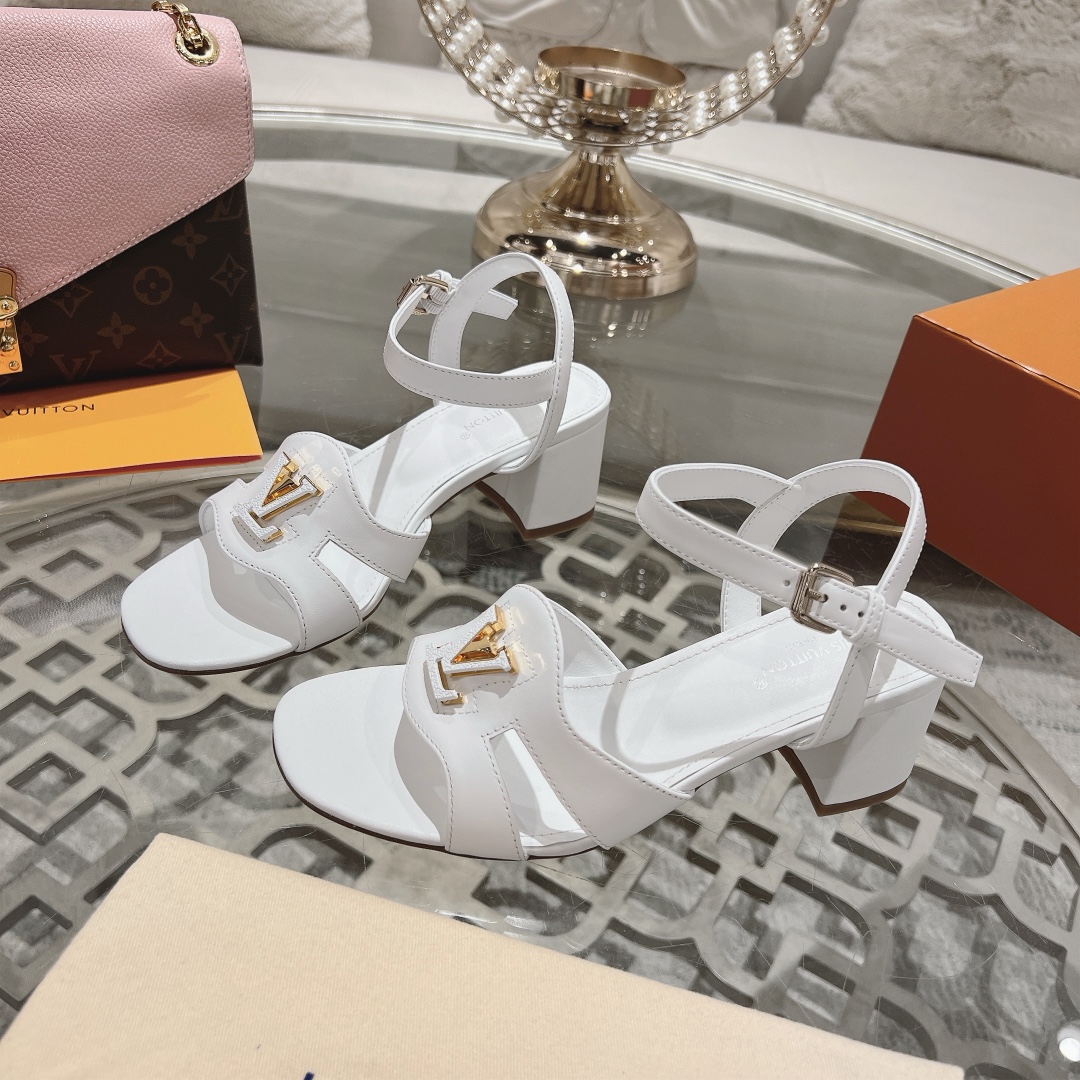 Louis Vuitton White Leather Block Heel Sandals with LV Logo Buckle 2 i1719118643 8272 5