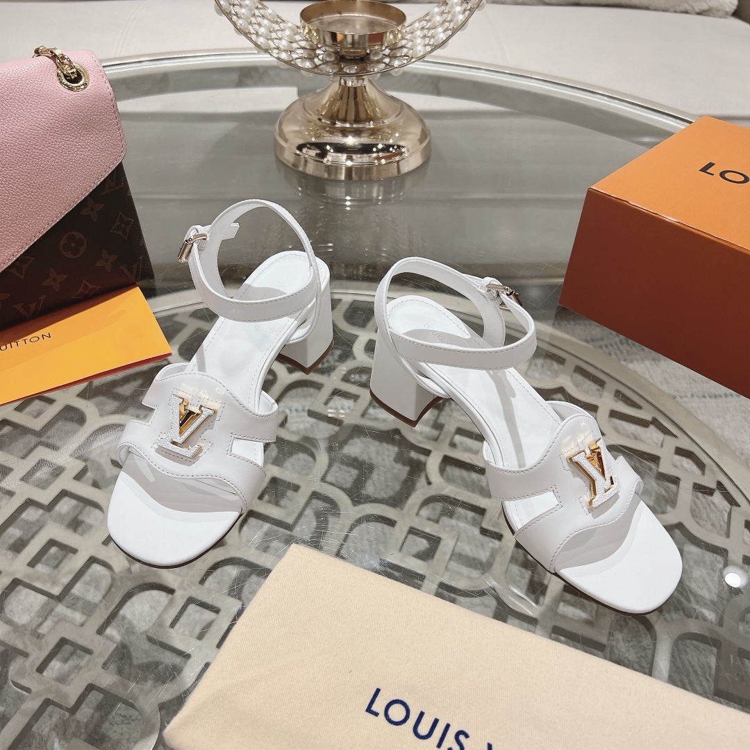 Louis Vuitton White Leather Block Heel Sandals with LV Logo Buckle 4 i1719118643 9719 0