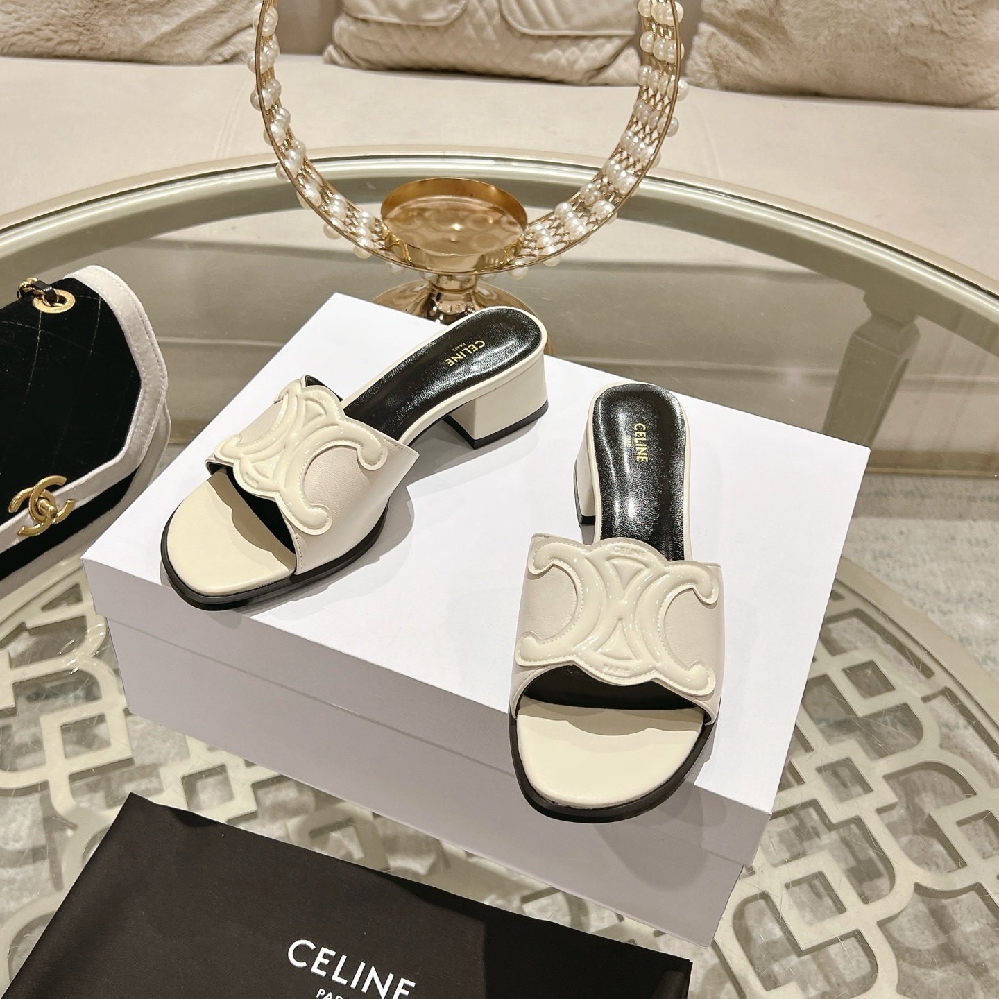 Celine Women's Triomphe Logo Leather Heeled Sandals Slides 7 i1741053157659 5656 0 6