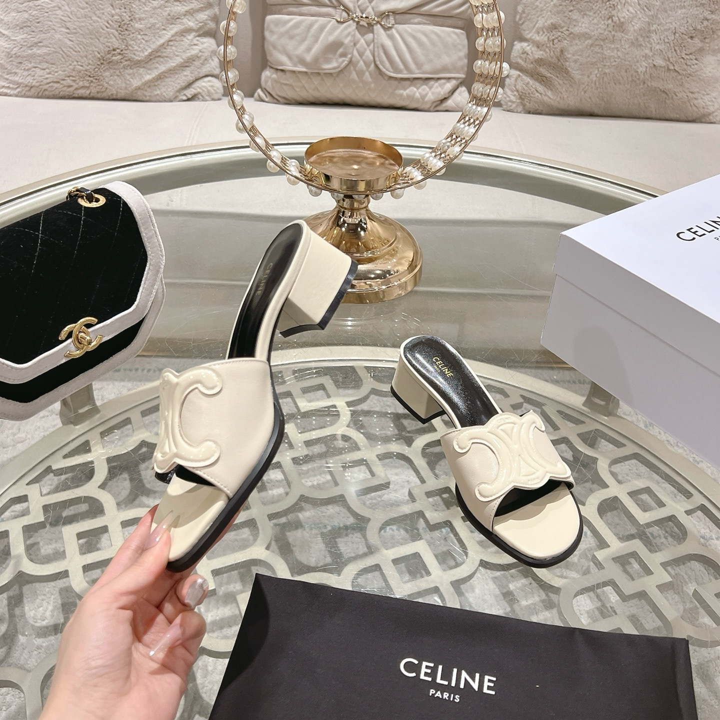 Celine Women's Triomphe Logo Leather Heeled Sandals Slides 6 i1741053157659 5783 0 4