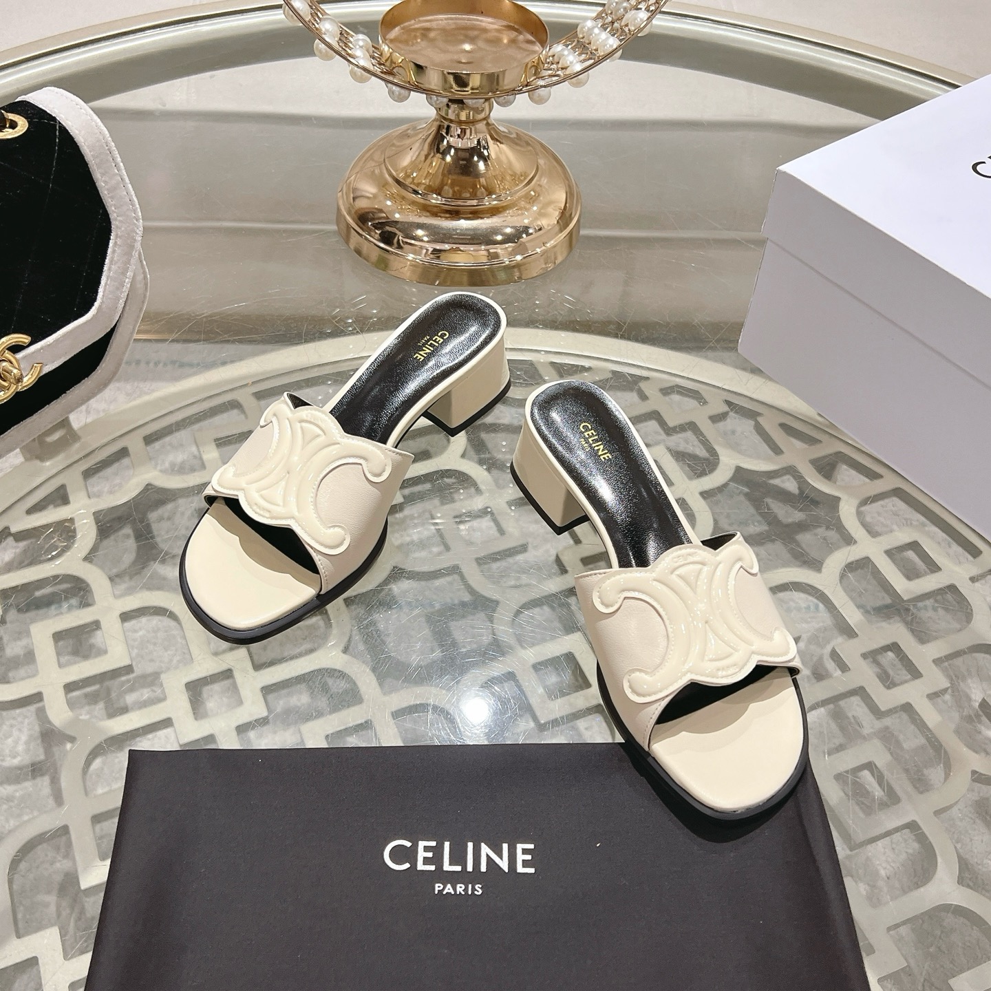 Celine Women's Triomphe Logo Leather Heeled Sandals Slides 4 i1741053159063 3758 0 2