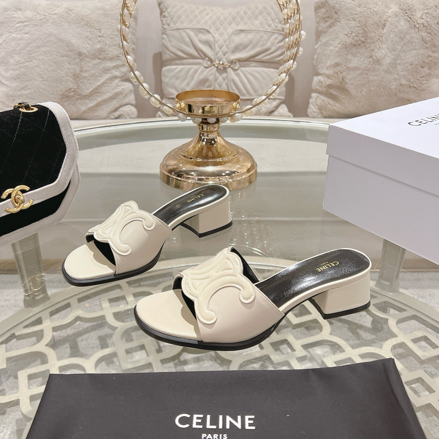 Celine Women's Triomphe Logo Leather Heeled Sandals Slides 2 i1741053159093 9188 0 0