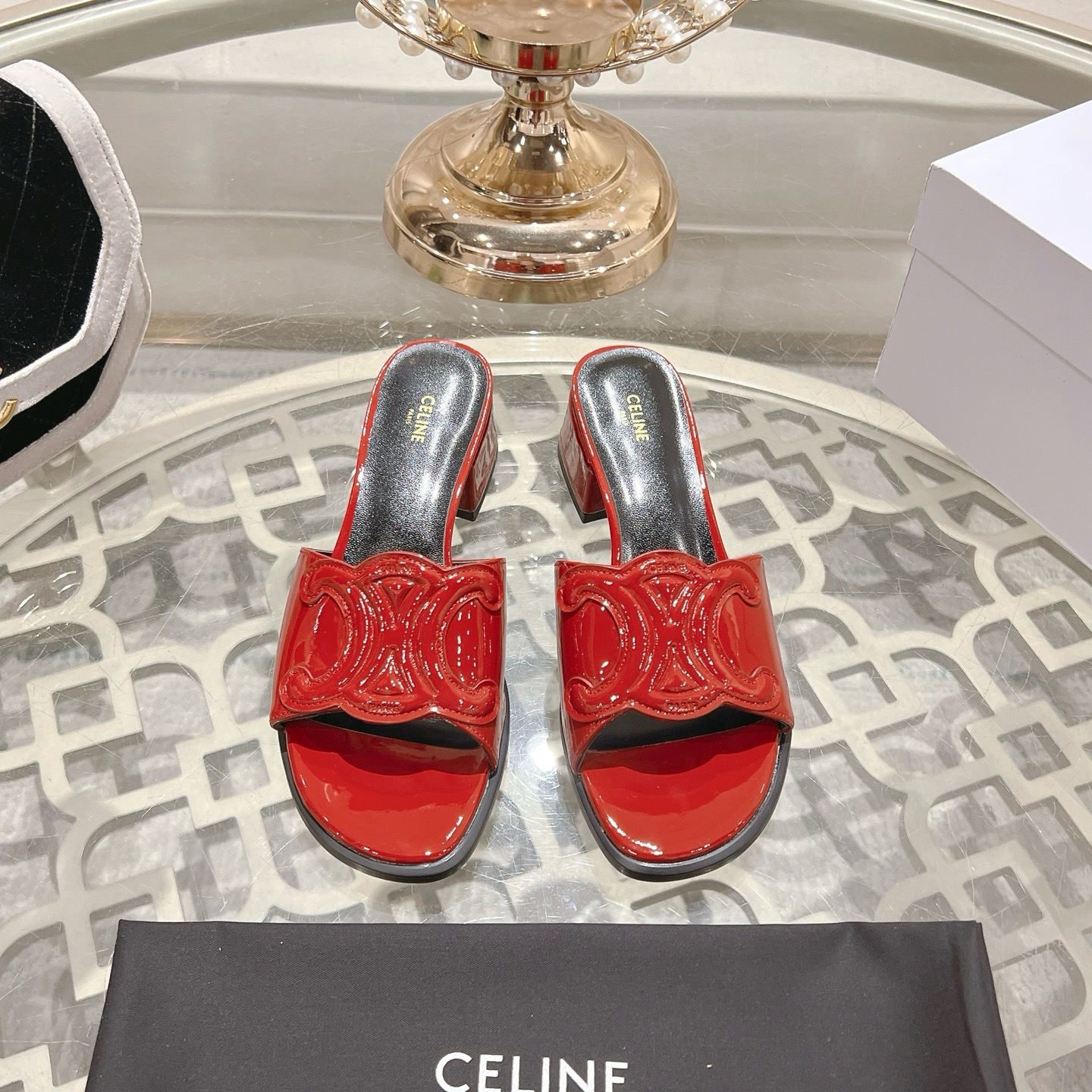 Celine Triomphe Logo Red Leather Heeled Sandals Luxury Designer Shoes 3 i1741053188117 58 0 0