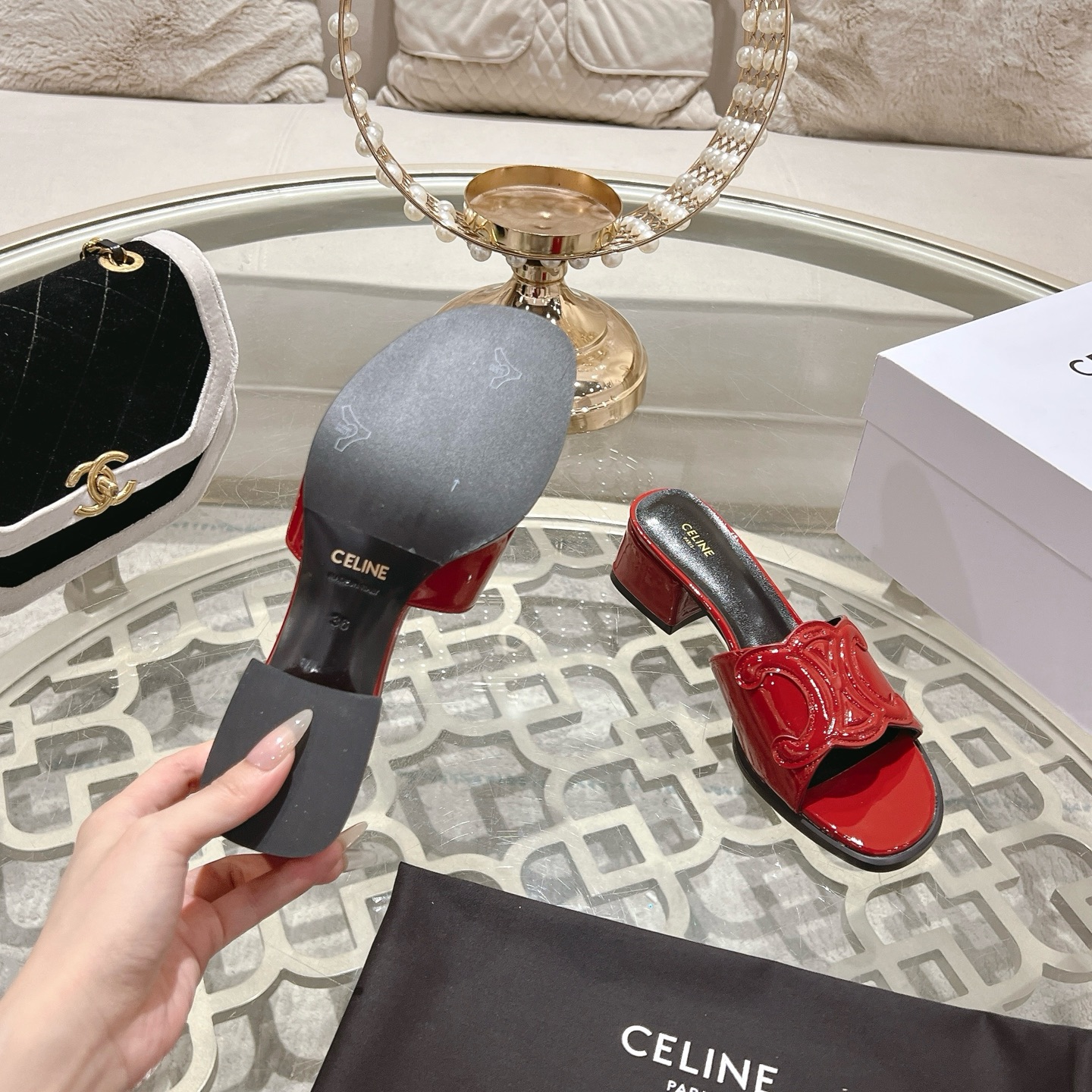 Celine Triomphe Logo Red Leather Heeled Sandals Luxury Designer Shoes 9 i1741053188187 1745 0 7